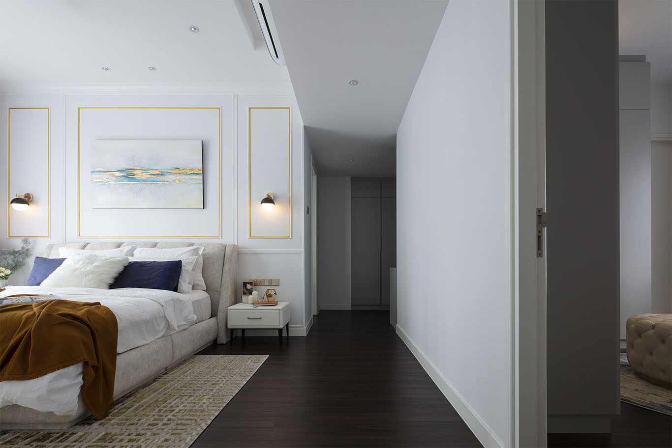 Modern bedroom interior design with wooden floor, minimalist carpet, and white nightstand