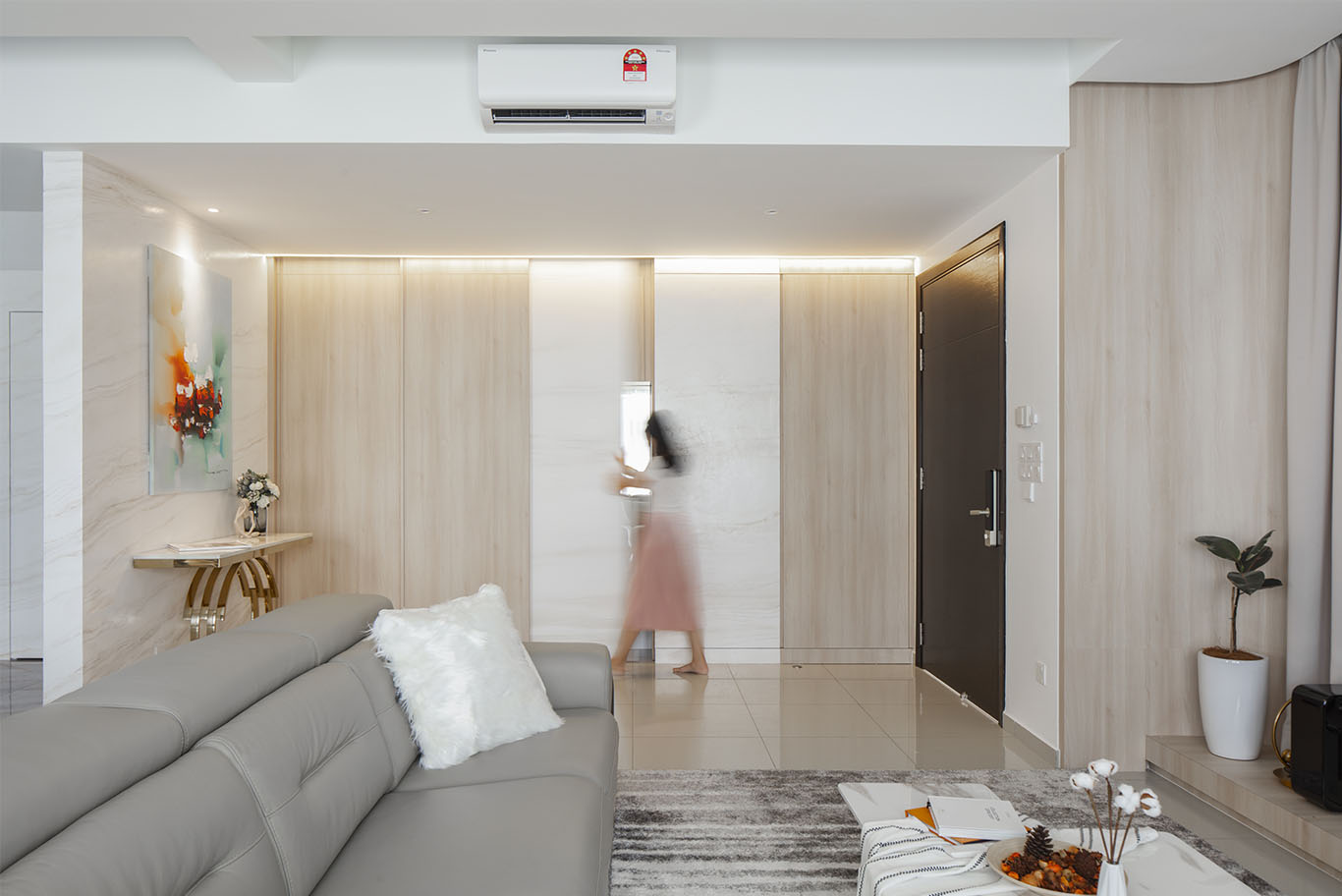 Grande Rhapsody minimalist living room with white hidden wall sliding door Mieux interior design