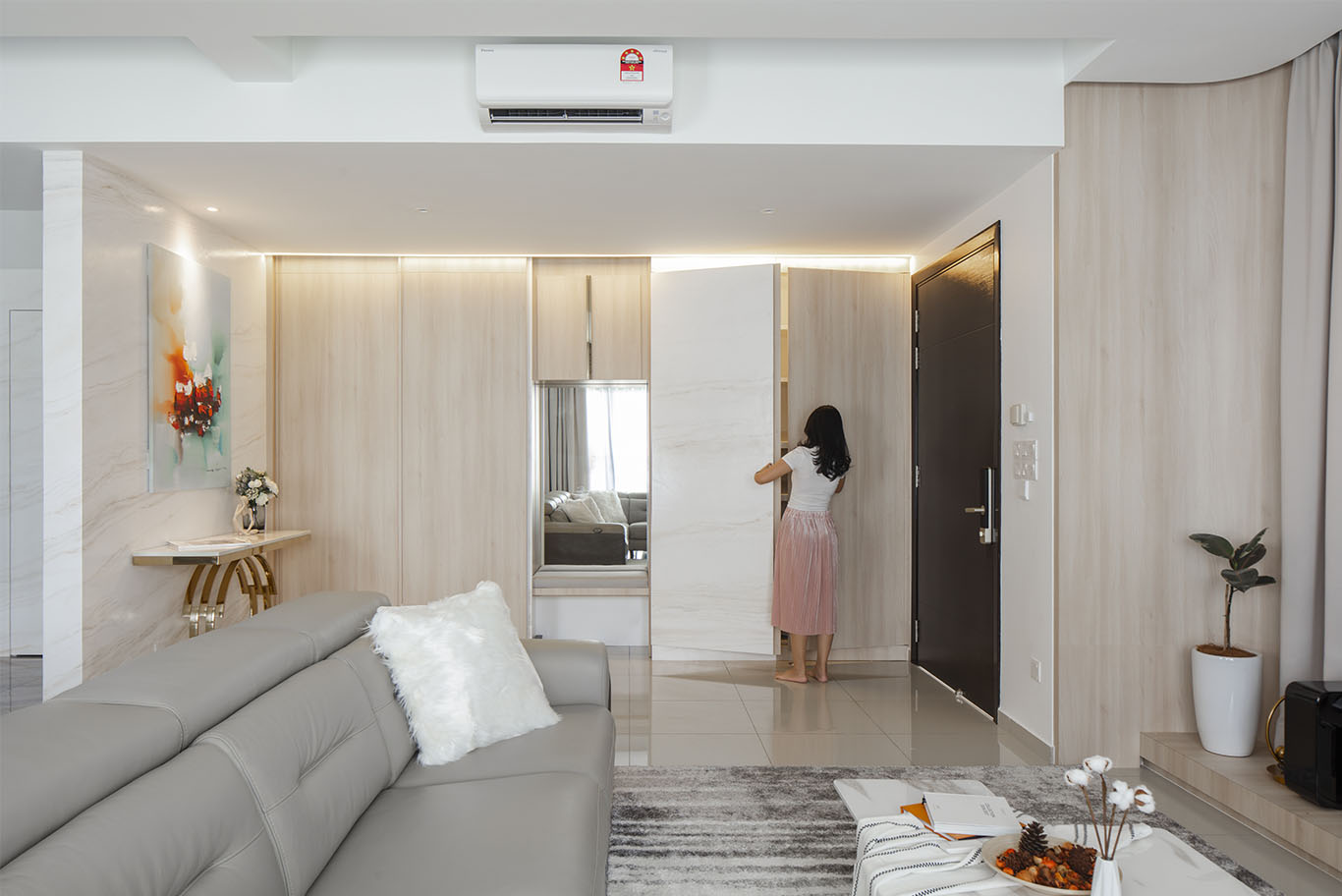 Grande Rhapsody minimalist living room with minimalist sliding door Mieux interior design