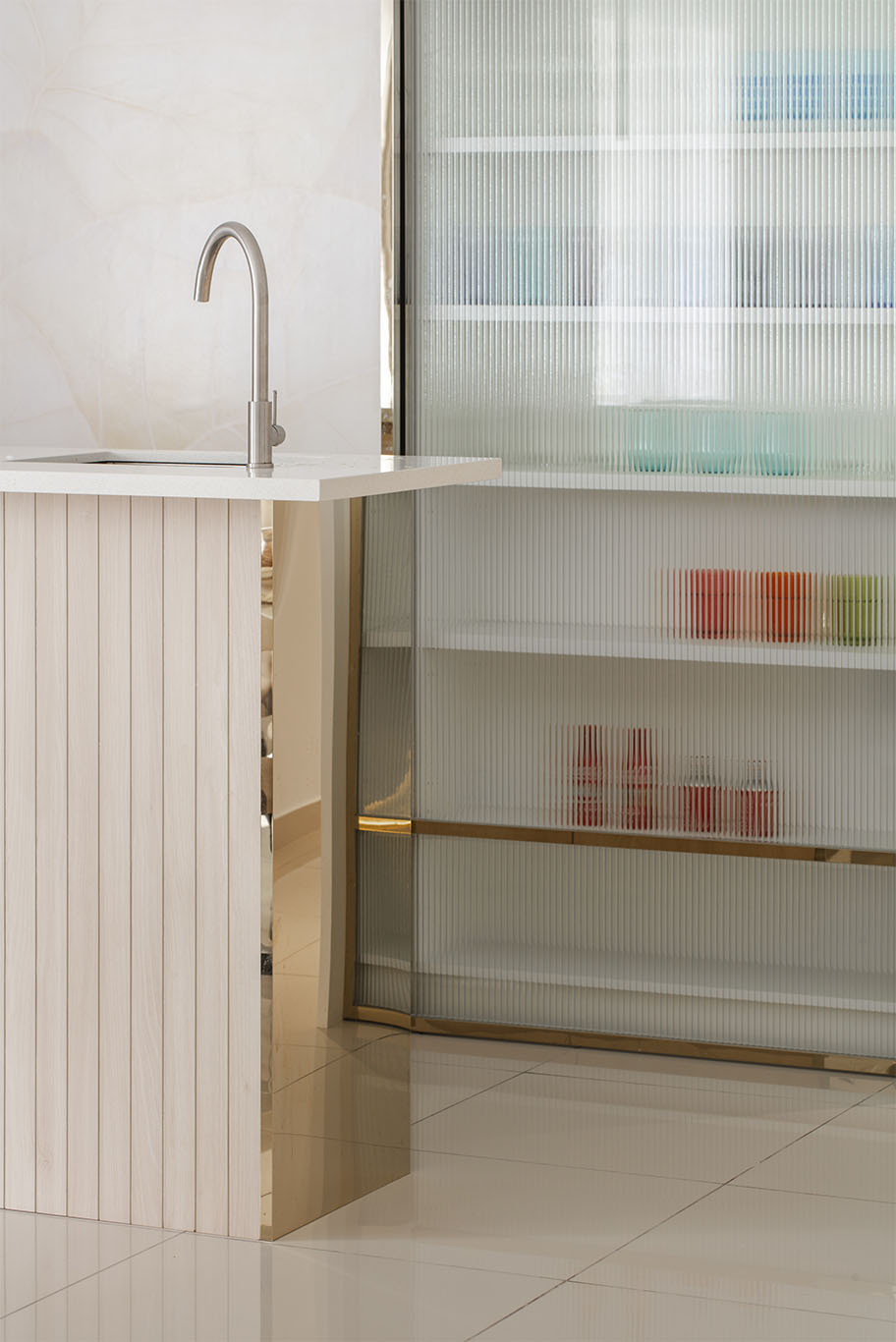 Grande Rhapsody minimalist glass door kitchen cabinet rack Mieux interior design