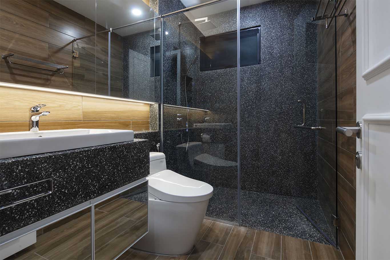 MIEUX The White Royale modern luxurious toilet with dark marble and glass shower door mieux interior design