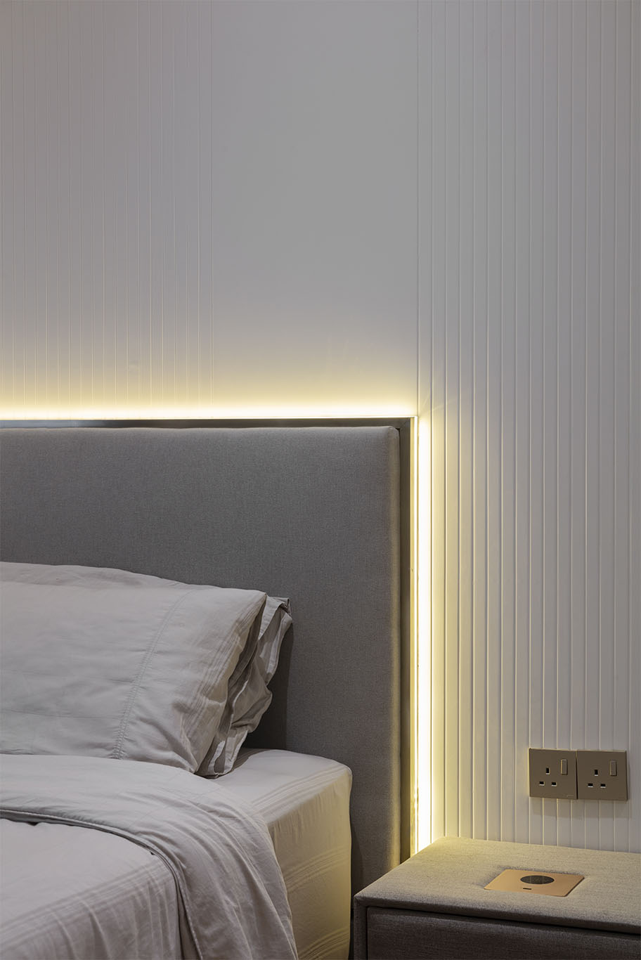 MIEUX La Famillie De Lee grey color bed frame with hidden light behind bed frame mieux interior design