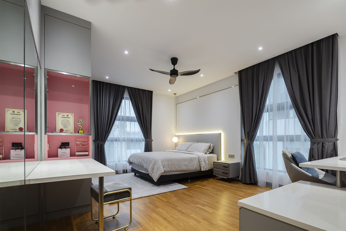 MIEUX La Famillie De Lee modern bedroom design with hidden curtain and wooden floor 5 mieux interior design