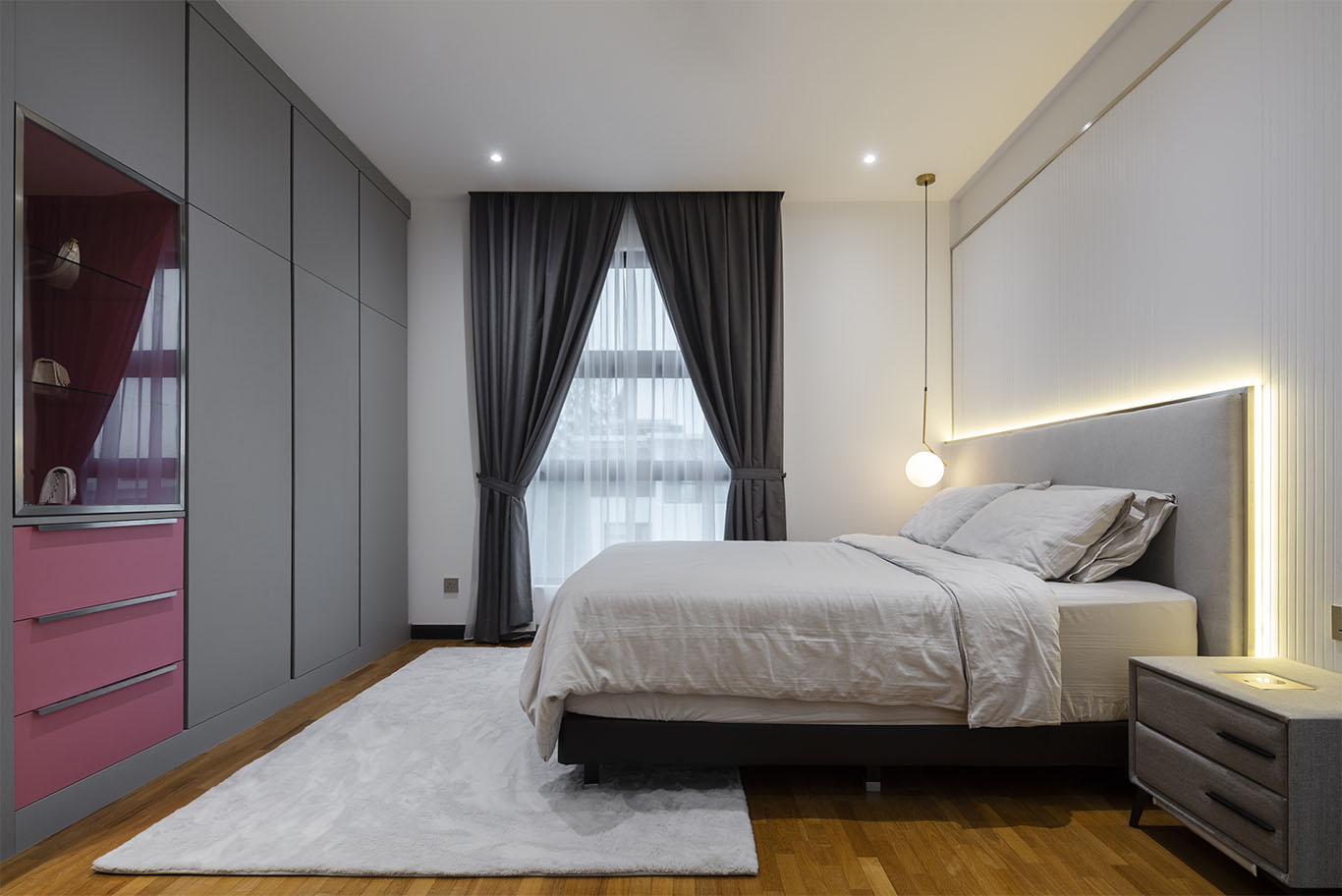 MIEUX La Famillie De Lee modern bedroom design with tall minimalist grey cupboard and grey curtain mieux interior design