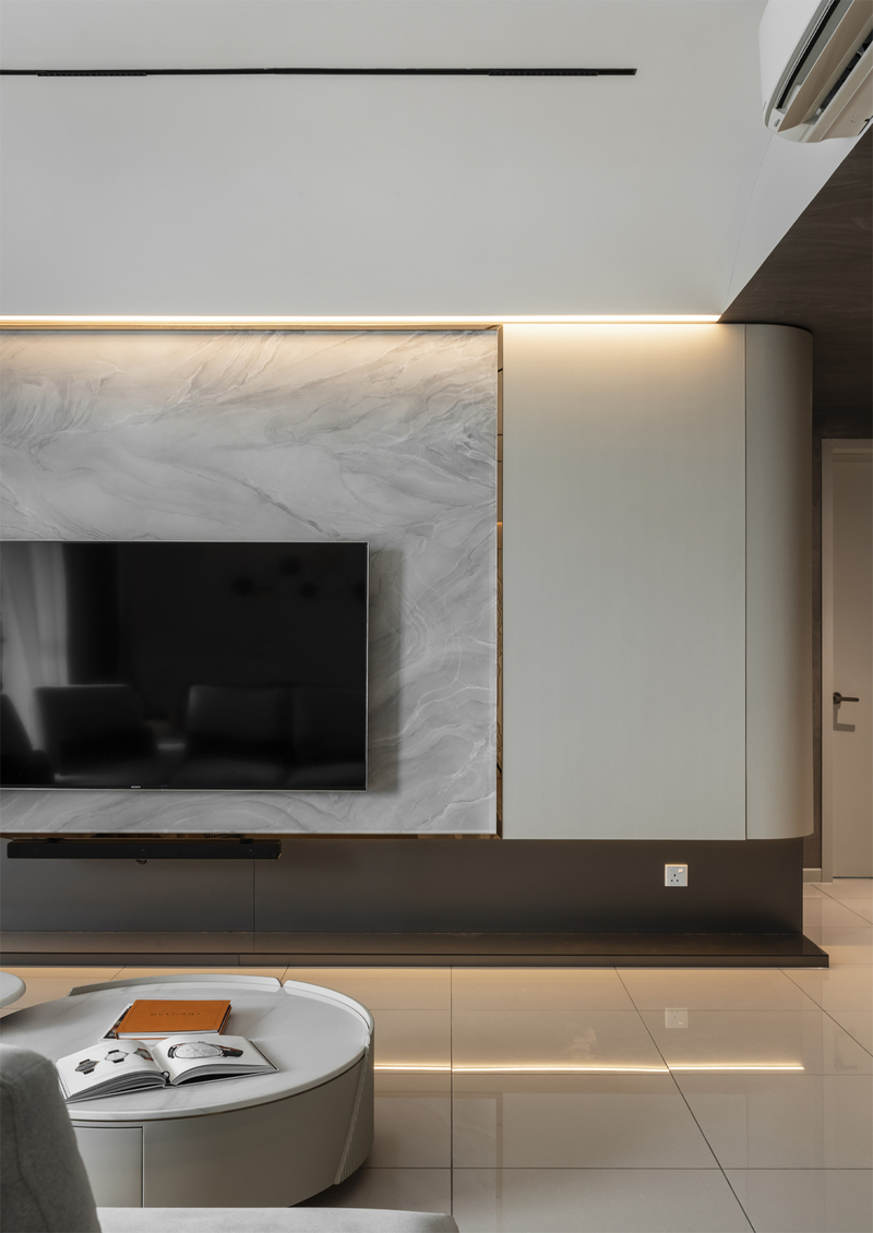 MIEUX Arch of White white and grey wall marble and hanging tv mieux interior design