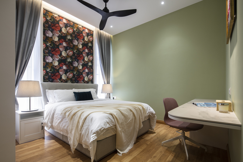 Bond of Aurora light color theme bedroom with soft pastel green wall and wooden floor Mieux interior design
