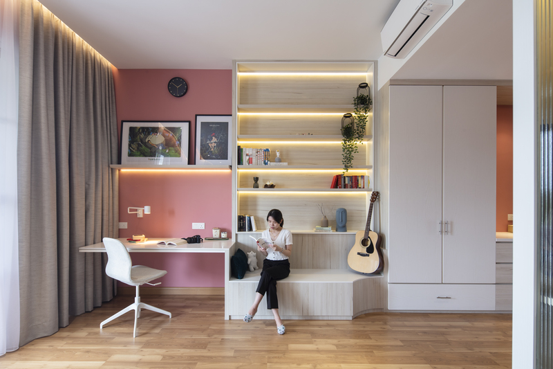 Bond of Aurora soft pink theme study area with light beige book shelf mieux interior design