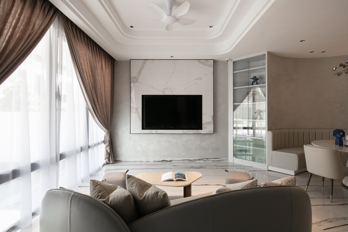 le maison white luxurious white theme living room with white marble and light grey sofa mieux interior design