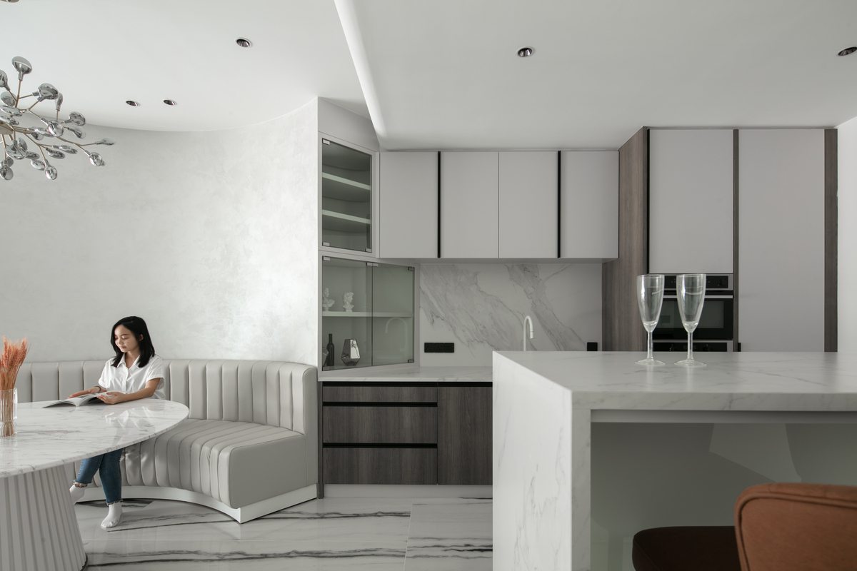 le maison white luxurious white theme dining area and kitchen with white marble mieux interior design