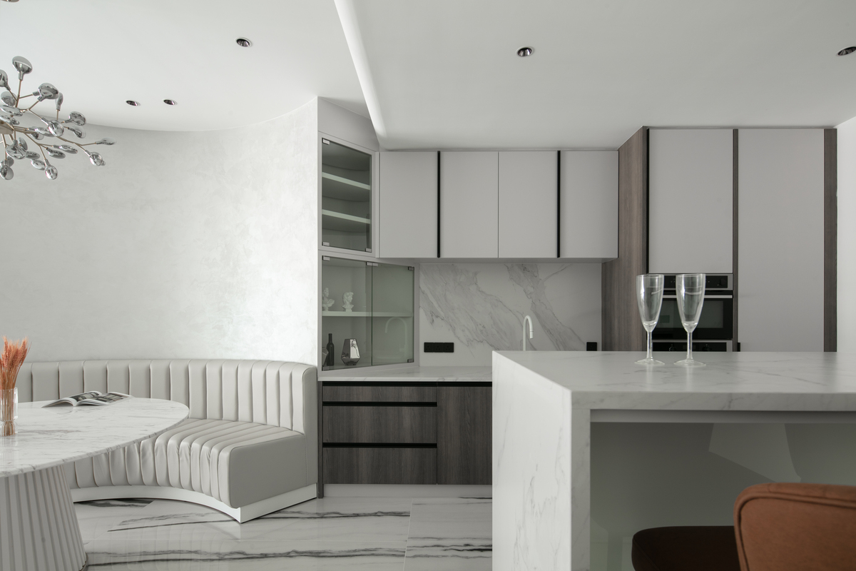 le maison white luxurious white theme dining area and kitchen with white marble 2 mieux interior design