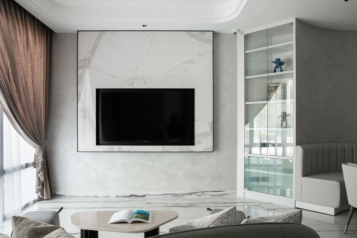 le maison white luxurious white living room theme with white marble and wall hanging tv mieux interior design