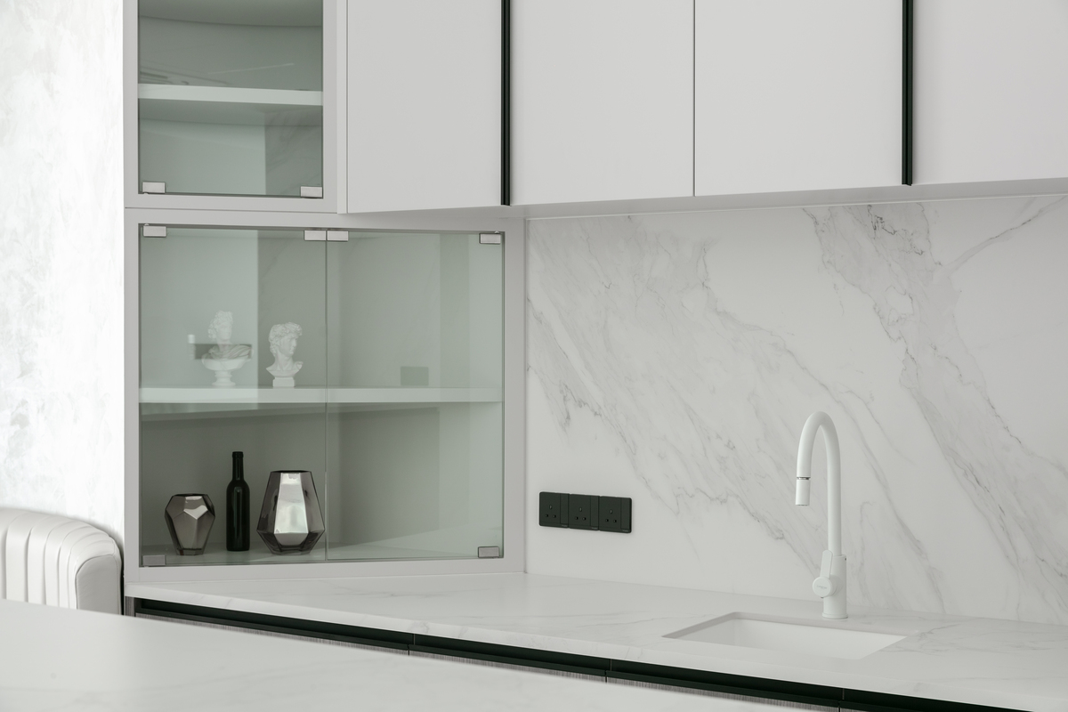 le maison white luxurious white theme kitchen with white marble close up view mieux interior design
