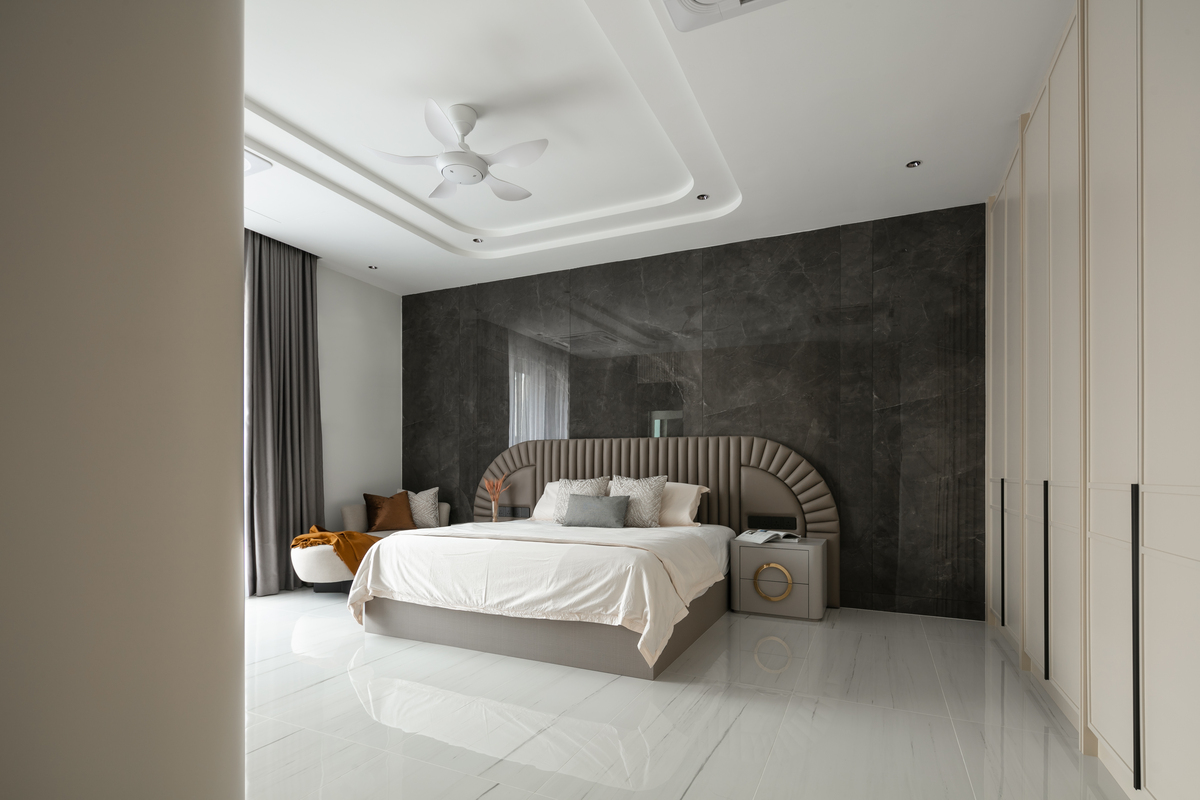 le maison white minimalist grey theme bedroom with grey marble wall and curtain mieux interior design