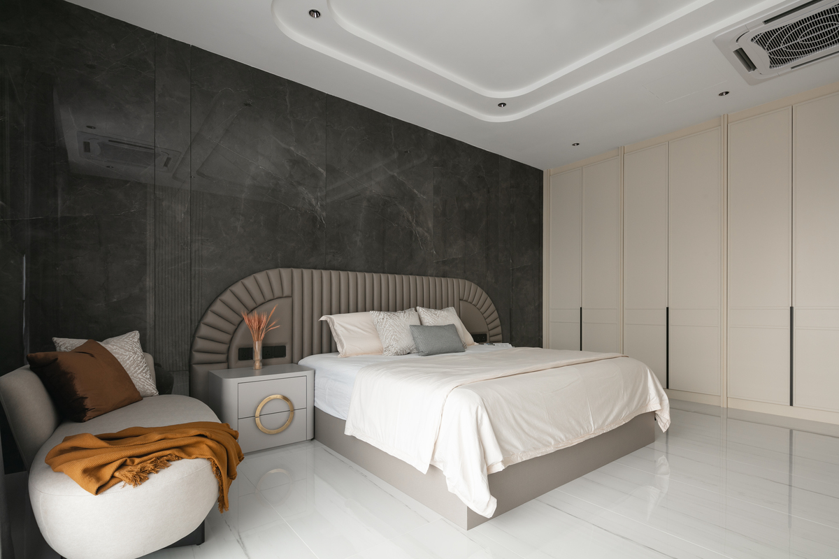 le maison white minimalist grey theme bedroom with grey marble wall and huge floor to ceiling beige closet 2 mieux interior design