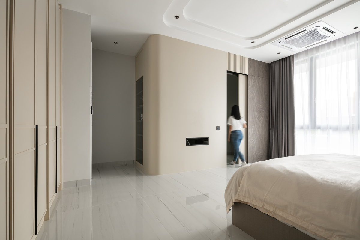 le maison white minimalist grey and beige theme bedroom with grey marble wall and curtain mieux interior design