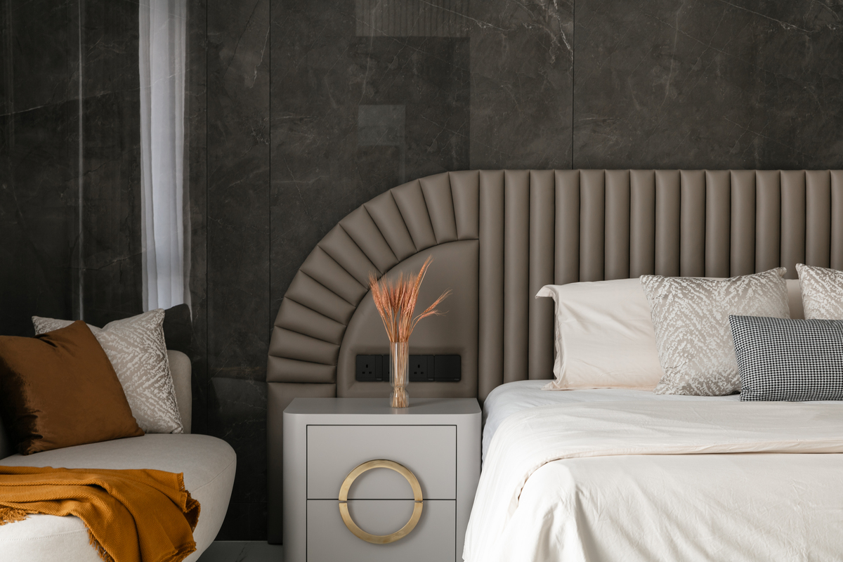 le maison white minimalist grey and beige theme bedroom with grey marble wall and curtain close up view mieux interior design
