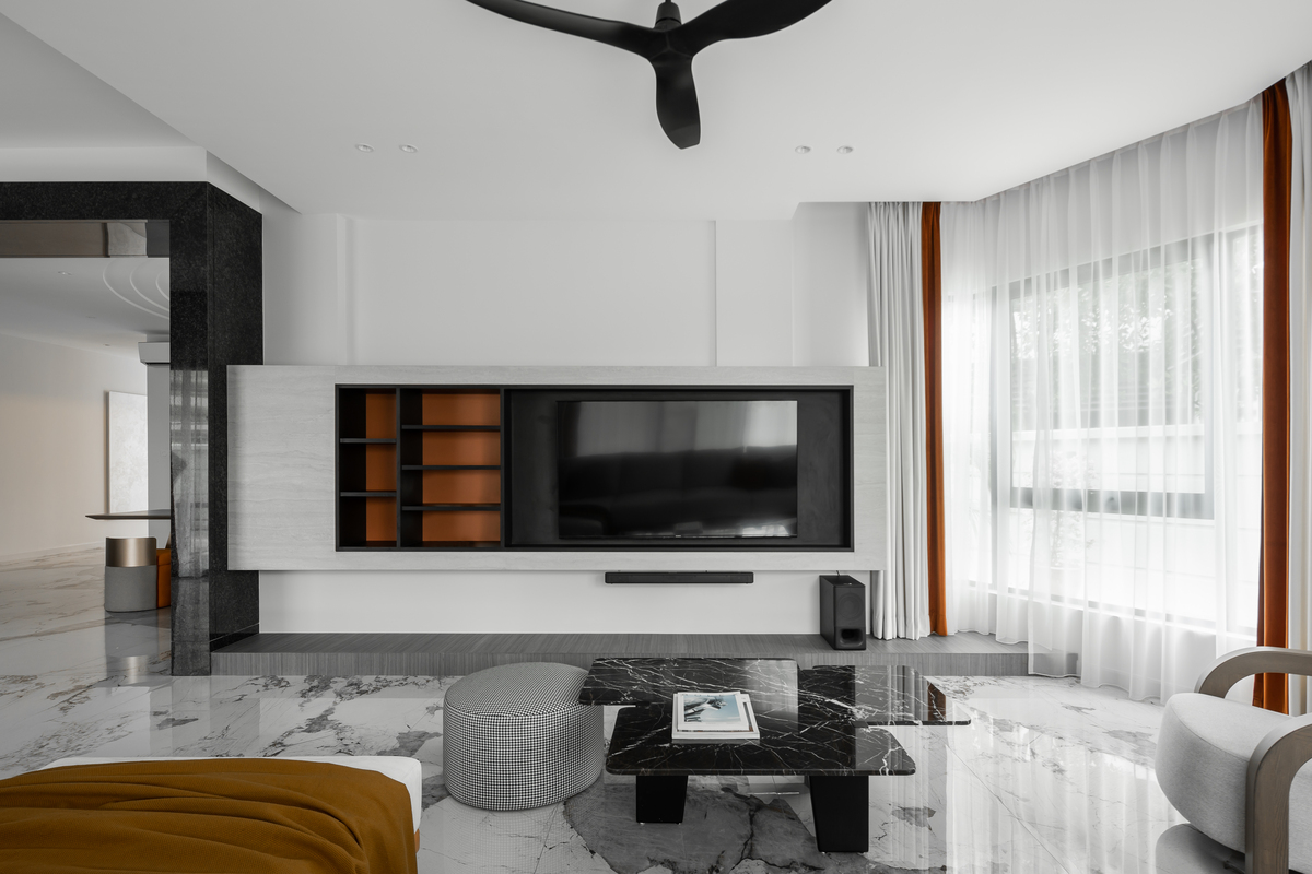 the eastern oriental open living room with bronze, white and dark brown theme mieux interior design