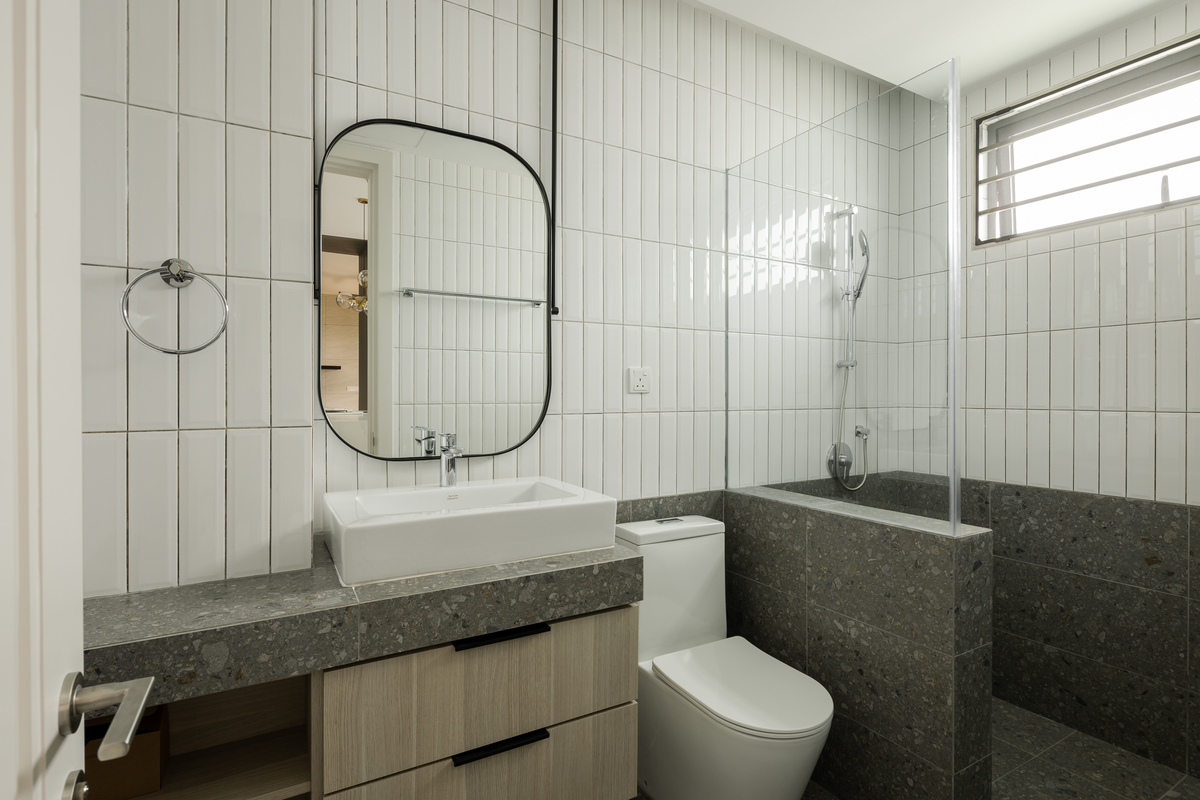 the eastern oriental aesthetic modern bathroom with rectangle wall tiles and semi oval mirror mieux interior design