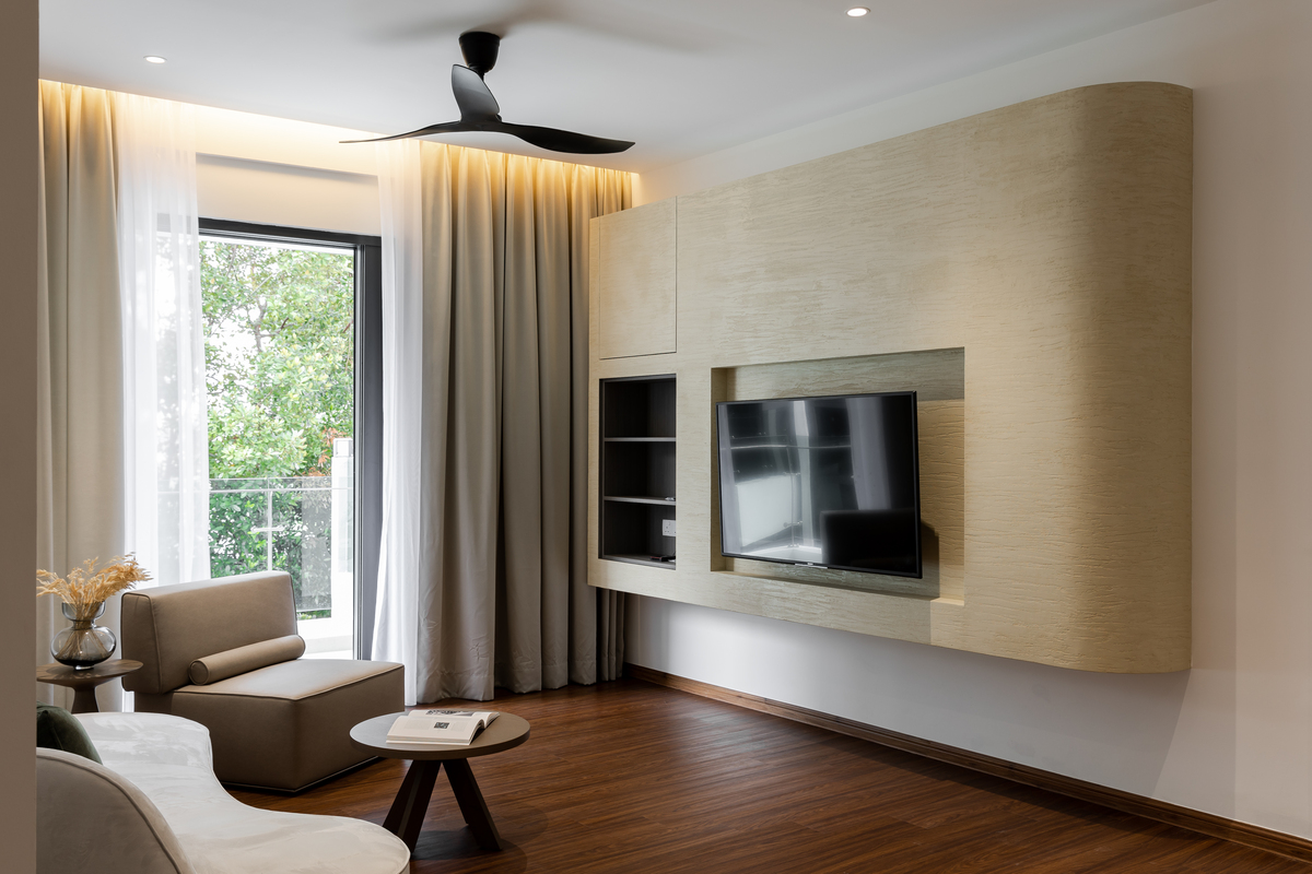 the eastern oriental modern luxury bedroom with wooden floor and hanging tv mieux interior design