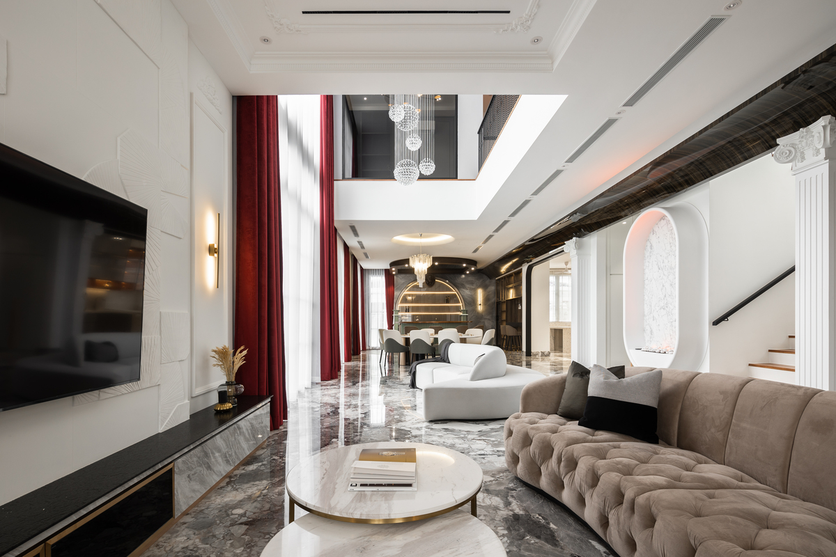 avant garde royale luxury interior design with marble floor, high ceiling and chandelier mieux interior design