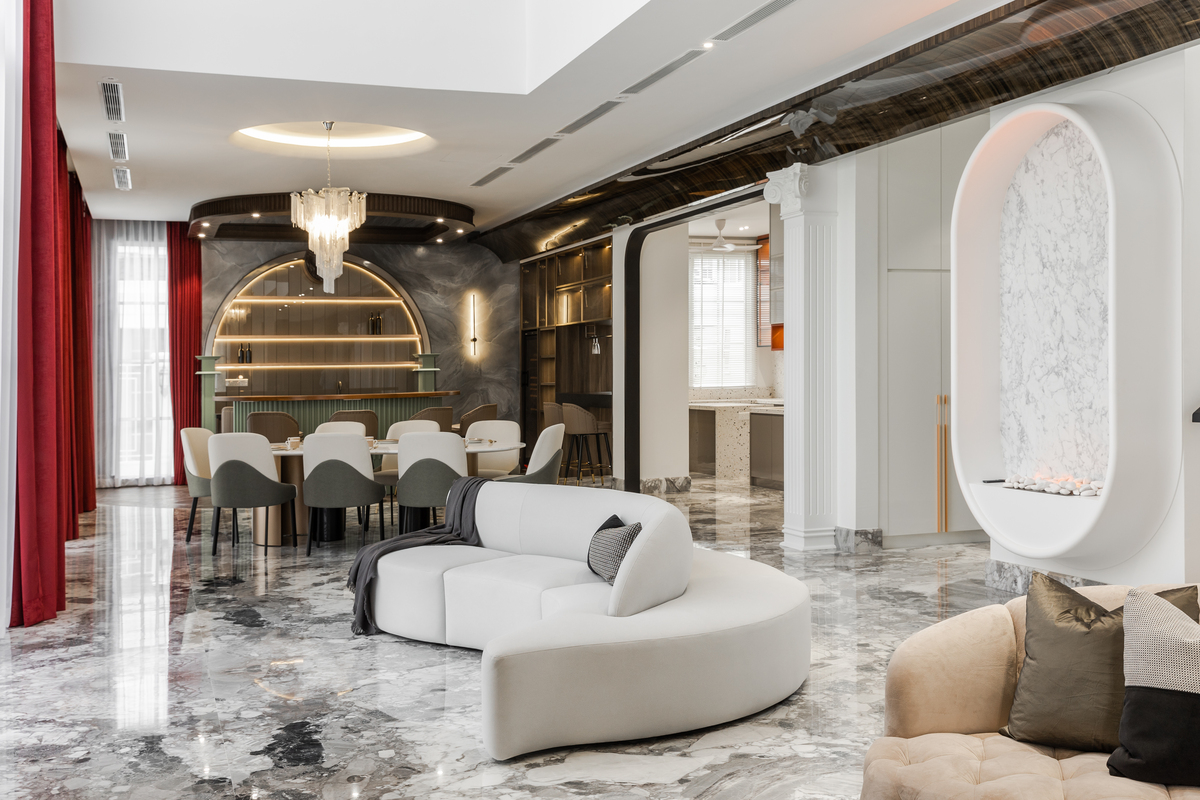 avant garde royale luxury interior design with marble floor, high ceiling and chandelier 3 mieux interior design