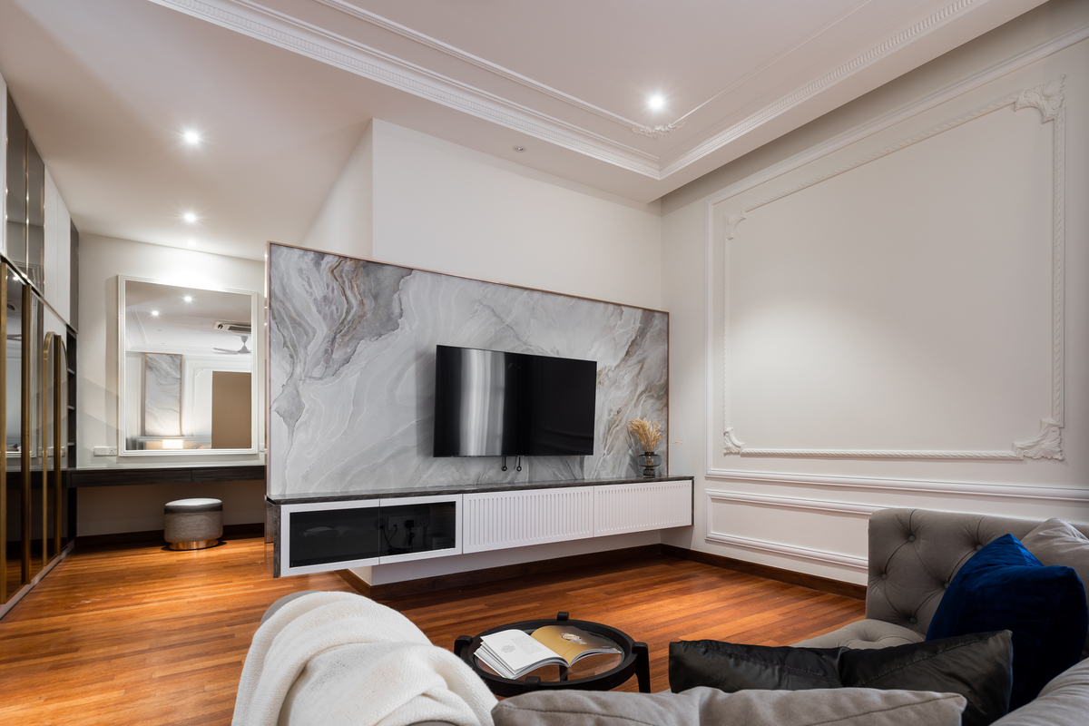 avant garde royale marble tv wall panels with hanging tv and white tv cabinet mieux interior design
