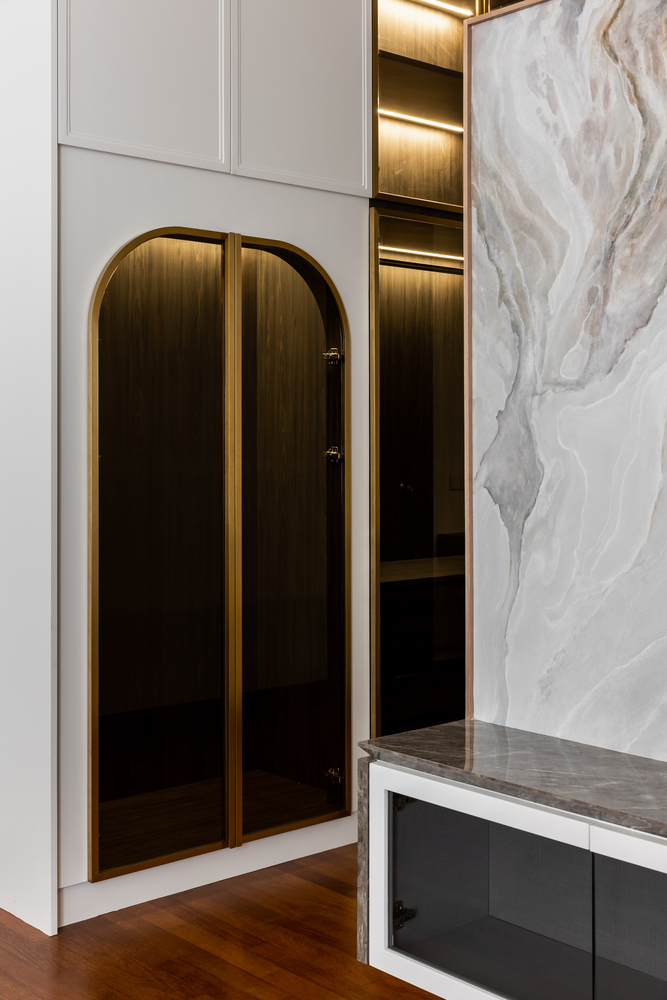 avant garde royale modern minimalist closet with transparent glass door and gold hidden light mieux interior design