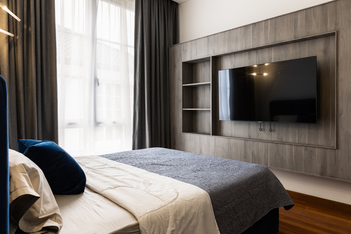 avant garde royale modern bedroom design with hanging tv cabinet with built in shelf mieux interior design