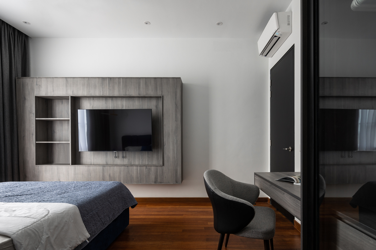 avant garde royale modern bedroom design with hanging tv cabinet with built in shelf, wooden floor and minimalist study desk mieux interior design