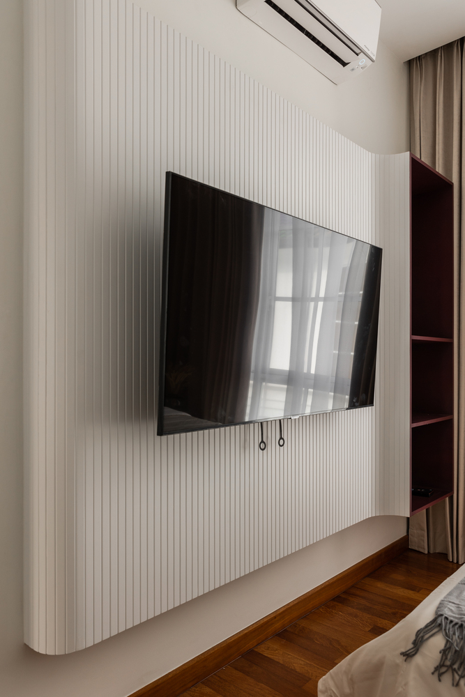avant garde royale modern bedroom interior with hanging tv and strips wall panels mieux interior design