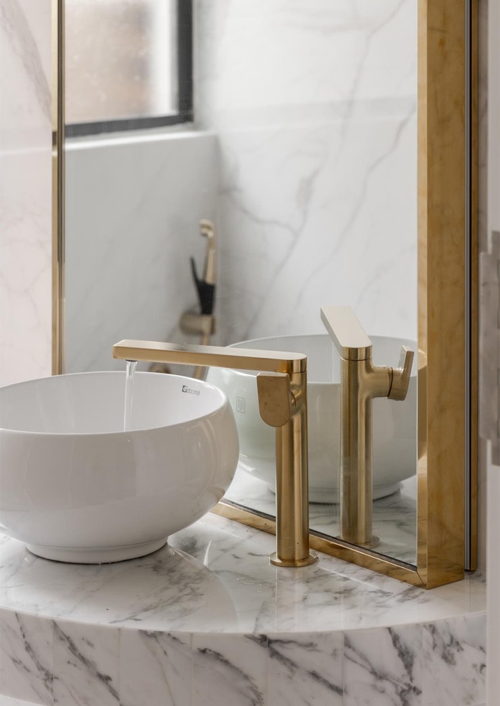 Milady Fantasy white bowl sink with gold minimalist tap mieux interior design