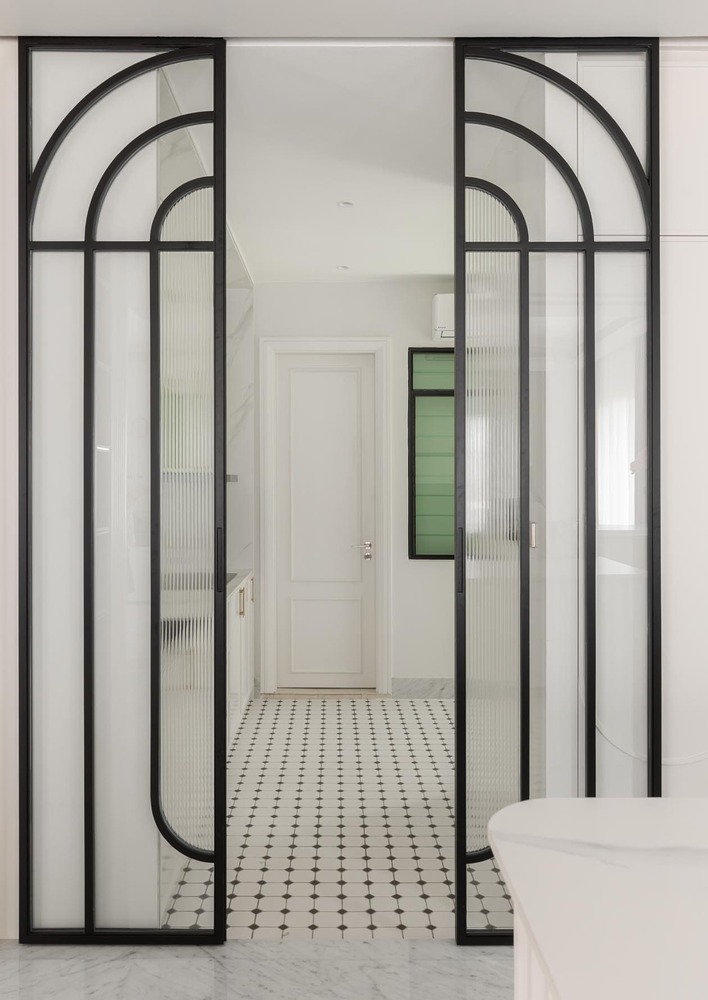 Milady Fantasy glass textured sliding door with black frame 2 mieux interior design
