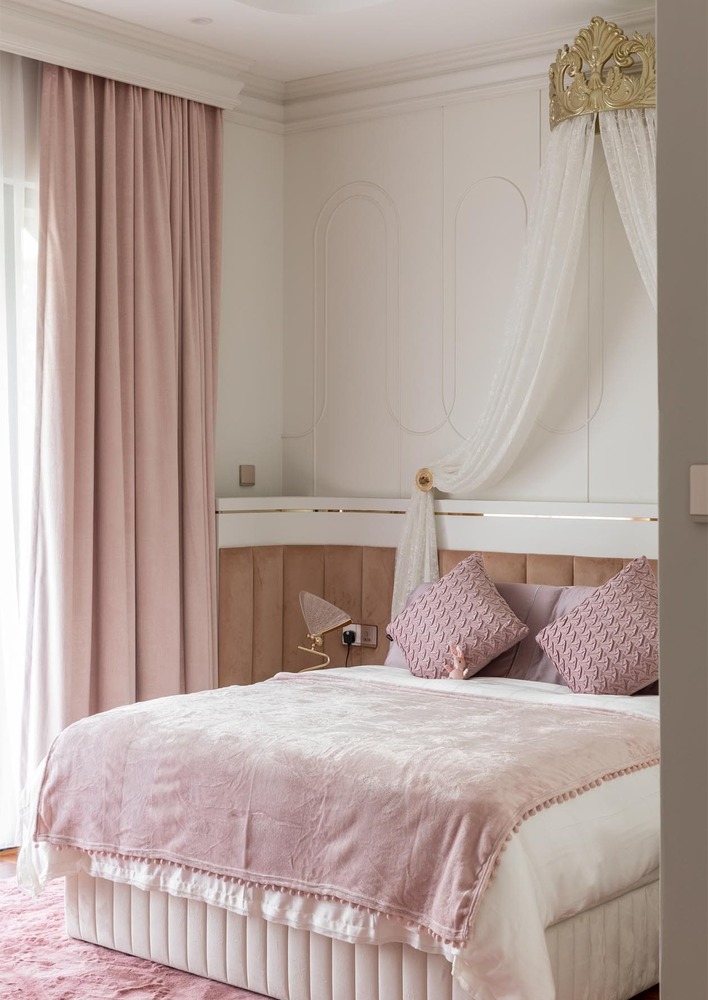 Milady Fantasy modern girls room with baby pink theme and bed with curtain mieux interior design