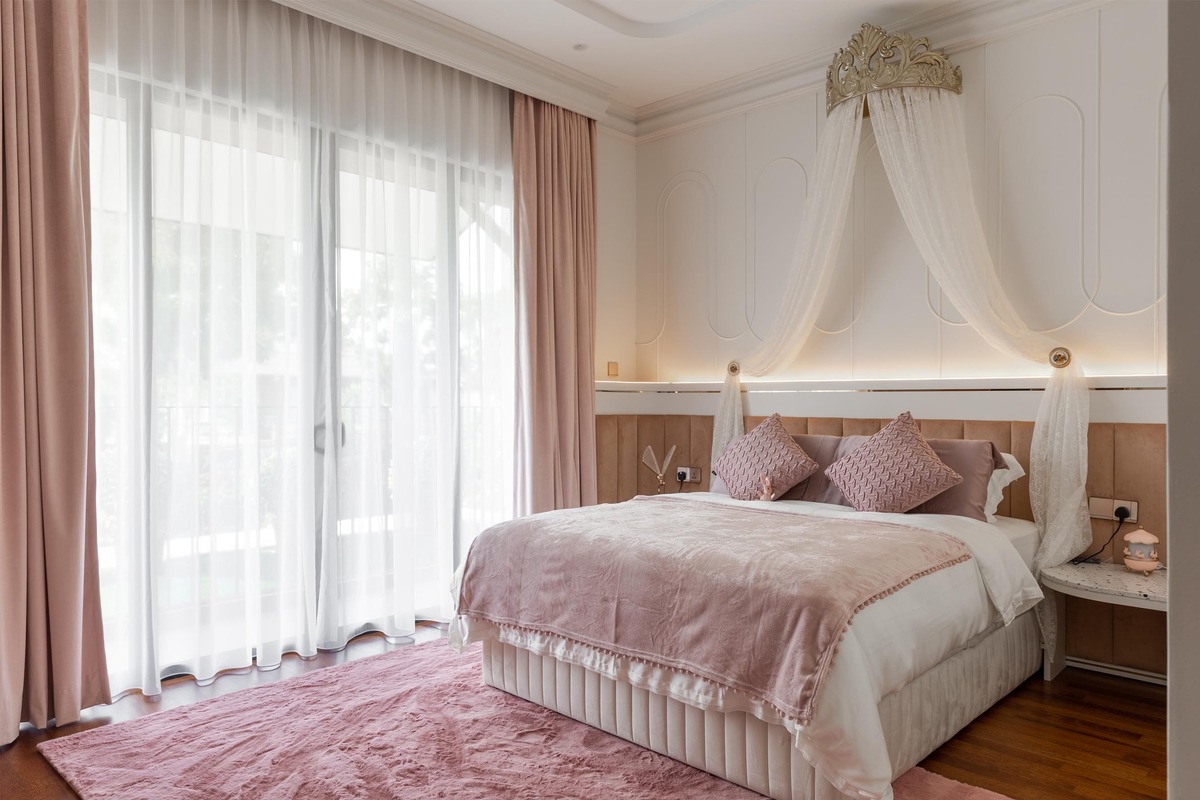 Milady Fantasy modern girls room with baby pink theme and bed with curtain 2 mieux interior design