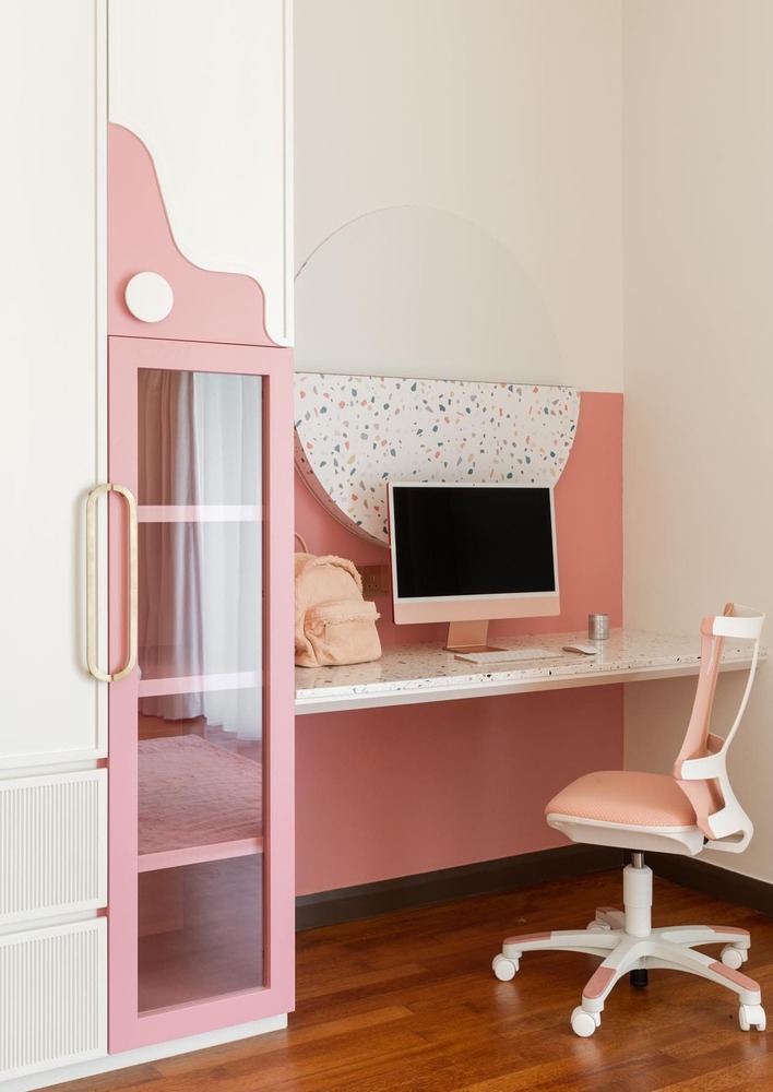 Milady Fantasy modern girls room with baby pink theme and pink pc set up 3 mieux interior design