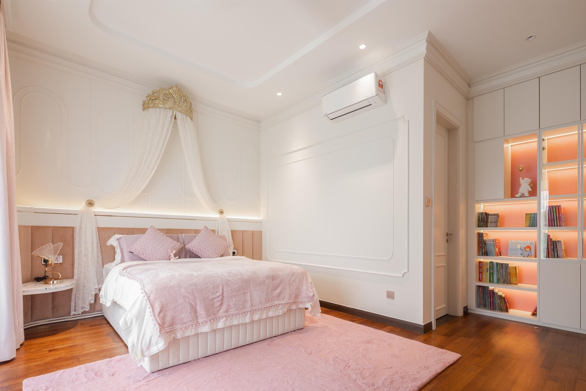Milady Fantasy modern girls room with baby pink theme and bed with curtain 5 mieux interior design