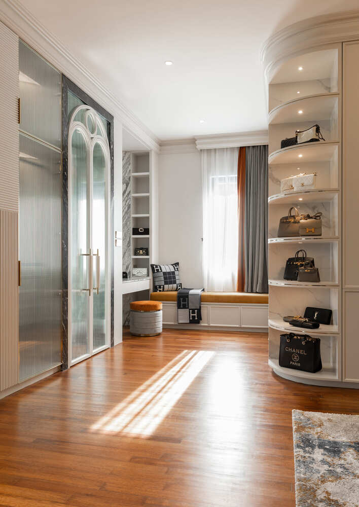 Milady Fantasy modern luxury walk in closet with wooden floor and white furniture mieux interior design