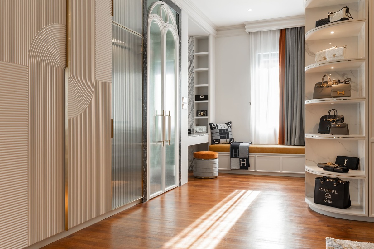 Milady Fantasy modern luxury walk in closet with wooden floor and white furniture 2 mieux interior design
