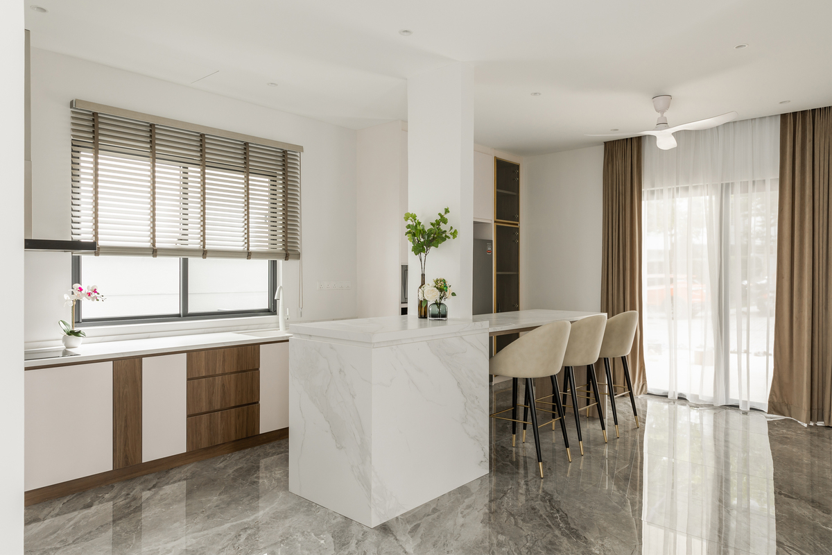 Modern minimalist kitchen with grey marble floor