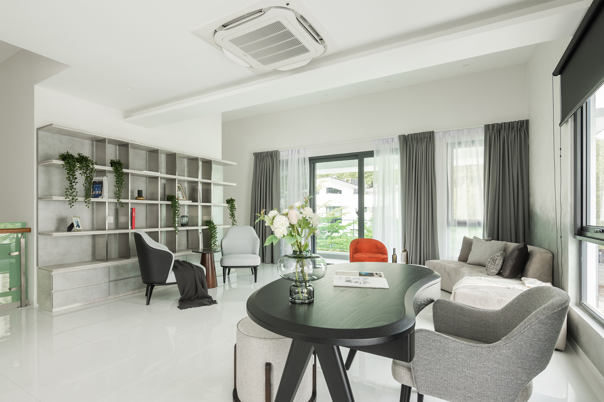White and gray interior design with ceiling aircon