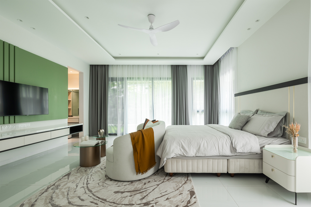 Modern bedroom interior design with hidden curtain trail and modern carpet design