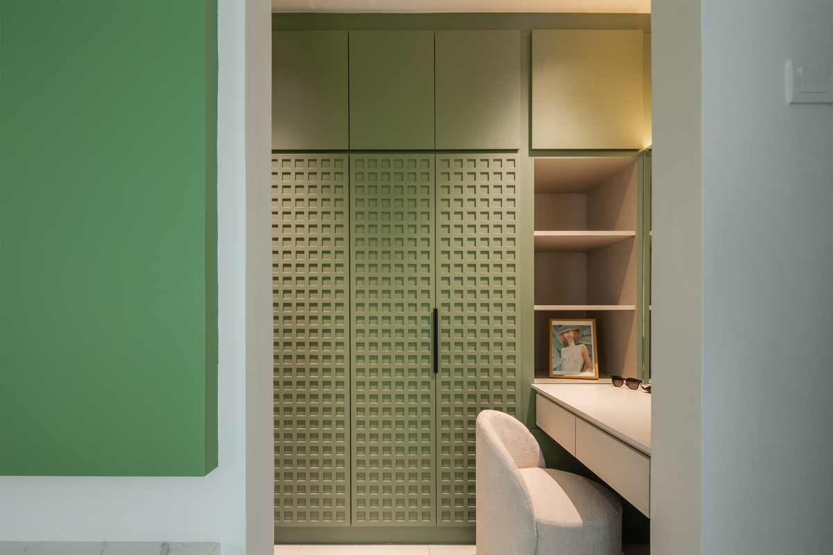 Modern soft green large cupboard with black color handle