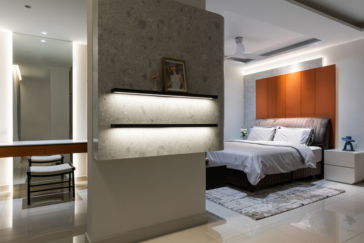 Modern bedroom interior design with velvet bed frame and hidden light decoration