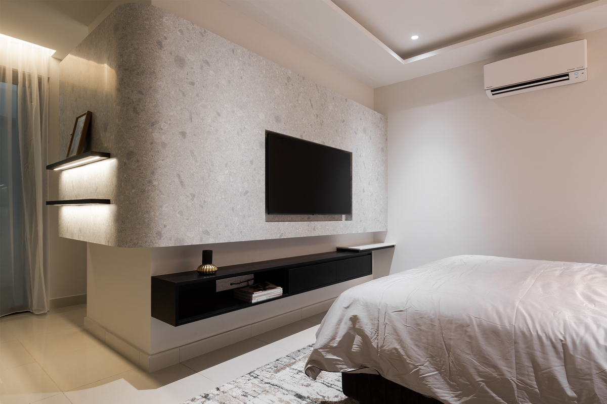 Modern luxury bedroom design with hanging TV and TV cabinet