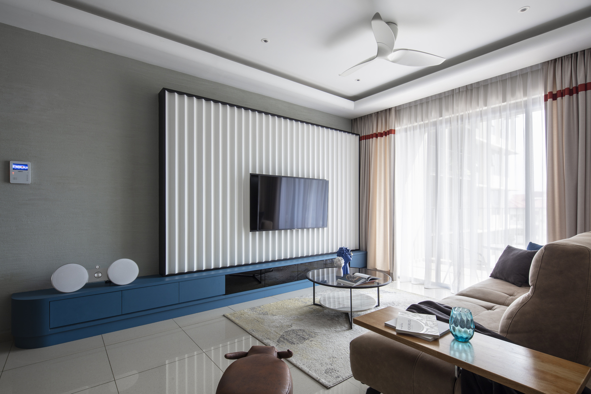 Modern minimalist living room with hidden curtain rail