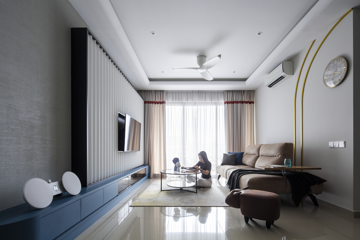Modern condo living room interior design with adjustable TV