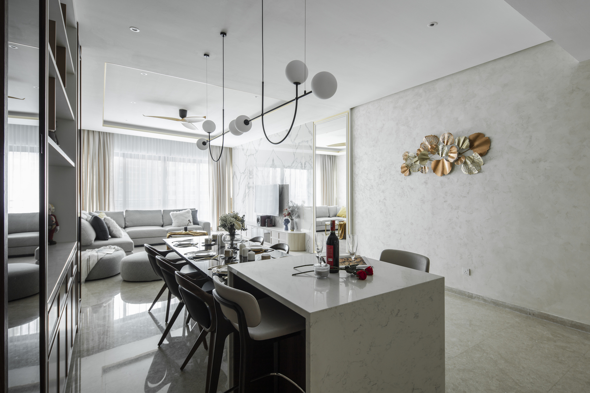 Interior design with marble walls, floor and table