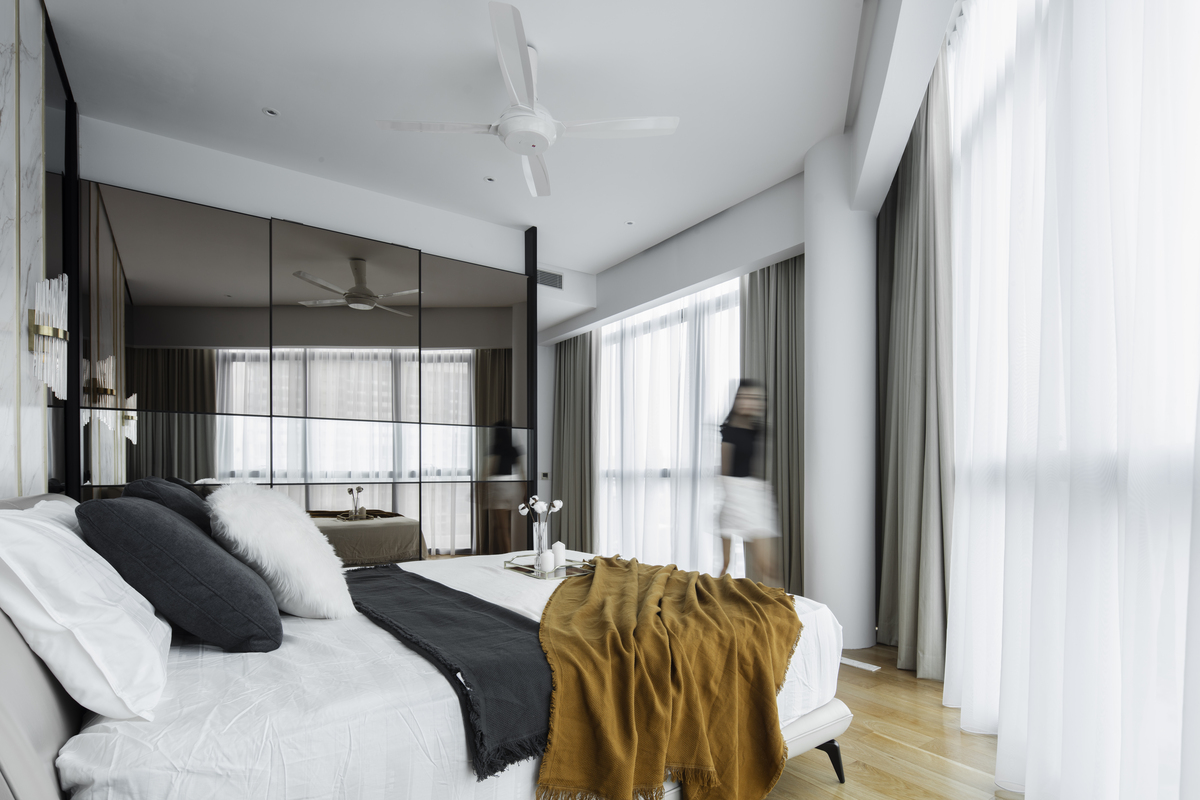 Modern luxurious bedroom interior with hidden curtain trail